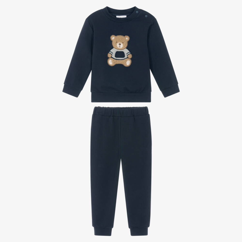 Patachou-Boys Navy Blue Cotton Tracksuit with Fluffy Bear Motif | Childrensalon