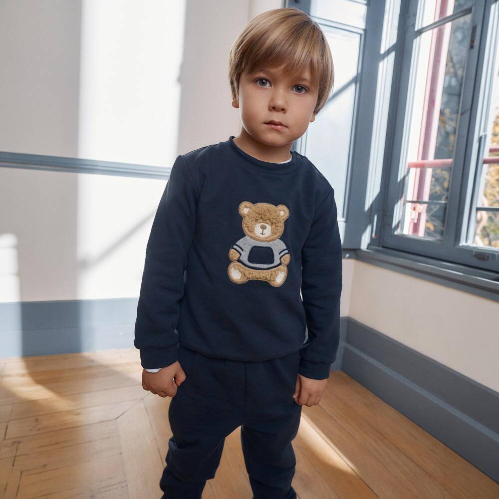 Patachou-Boys Navy Blue Cotton Tracksuit with Fluffy Bear Motif | Childrensalon