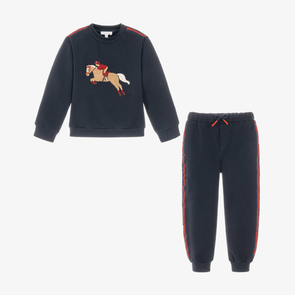 Patachou-Boys Navy Blue Cotton Tracksuit with Race Horse Embroidery | Childrensalon