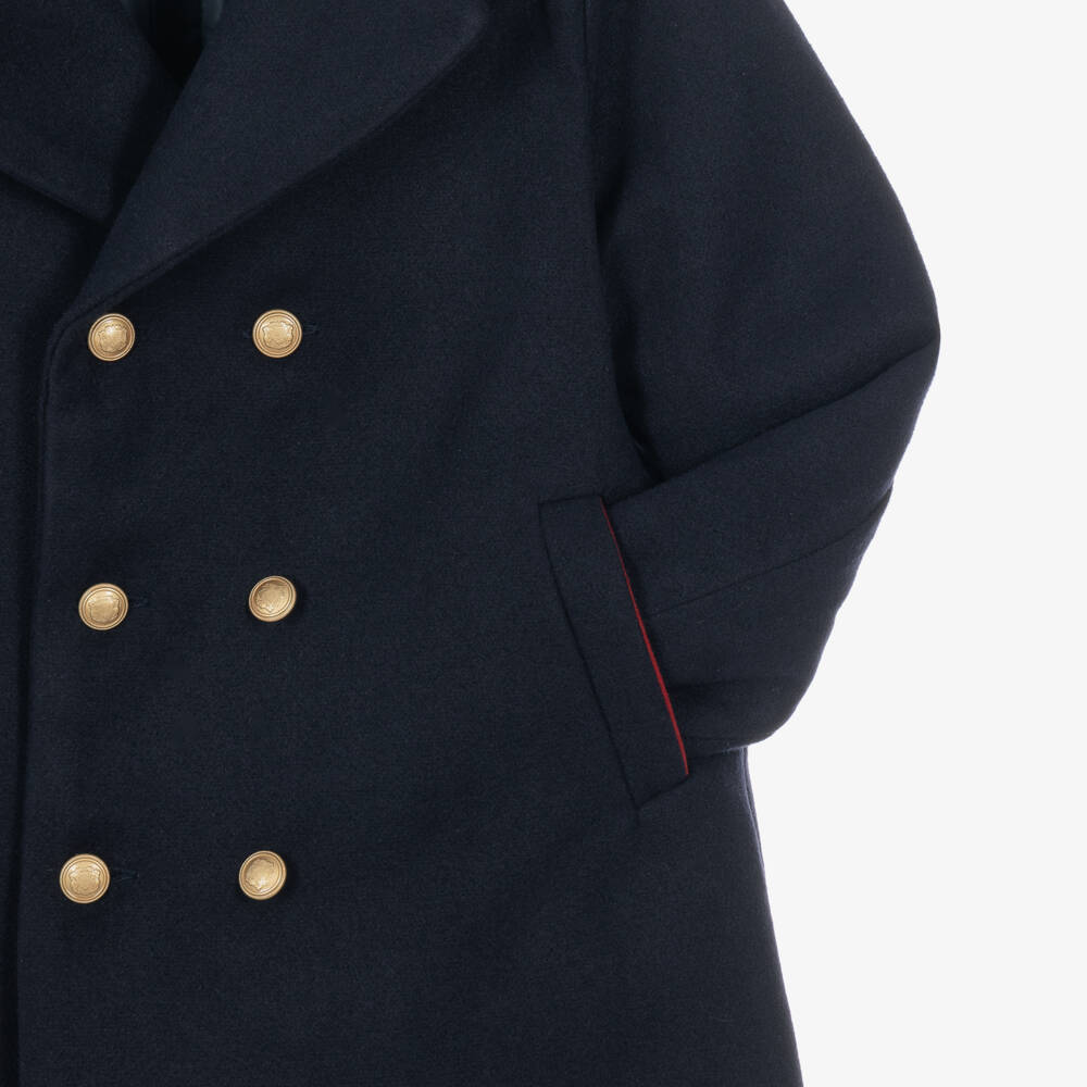 Patachou-Boys Navy Blue Double Breasted Felted Coat with Crest Button | Childrensalon