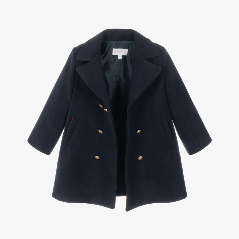 Patachou-Boys Navy Blue Double Breasted Felted Coat with Crest Button | Childrensalon