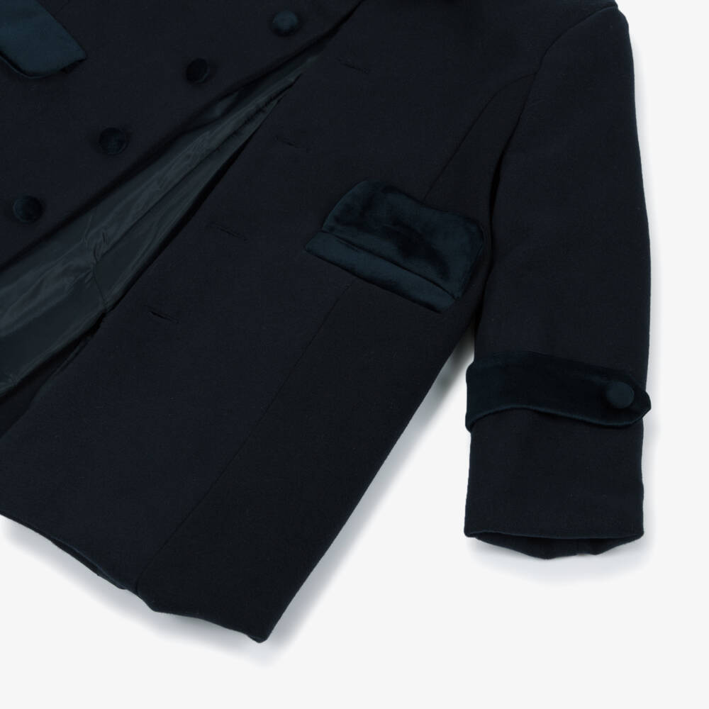 Patachou-Boys Navy Blue Felted Coat with Velvet Collar | Childrensalon