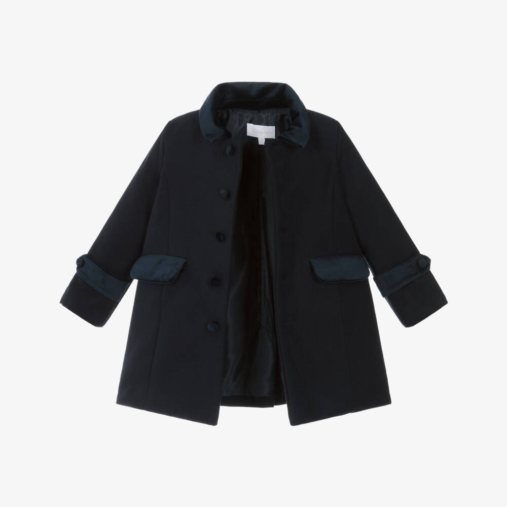 Patachou-Boys Navy Blue Felted Coat with Velvet Collar | Childrensalon