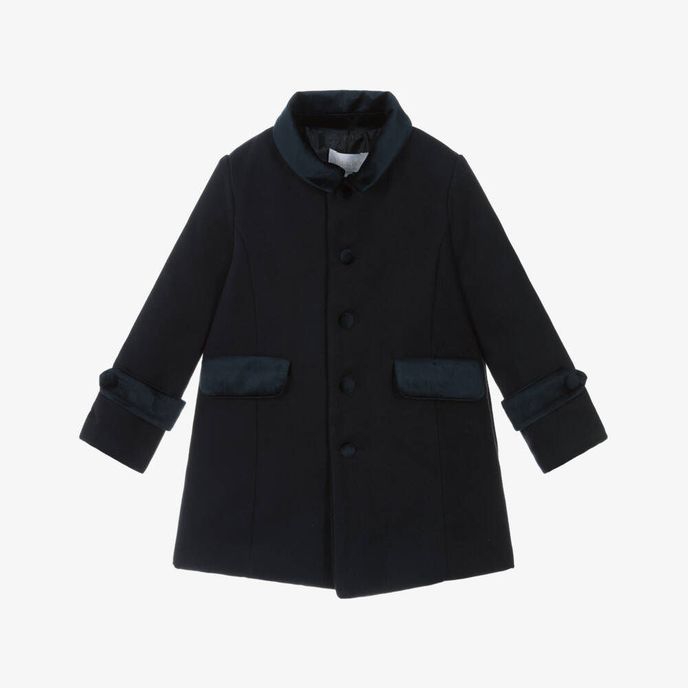 Patachou-Boys Navy Blue Felted Coat with Velvet Collar | Childrensalon