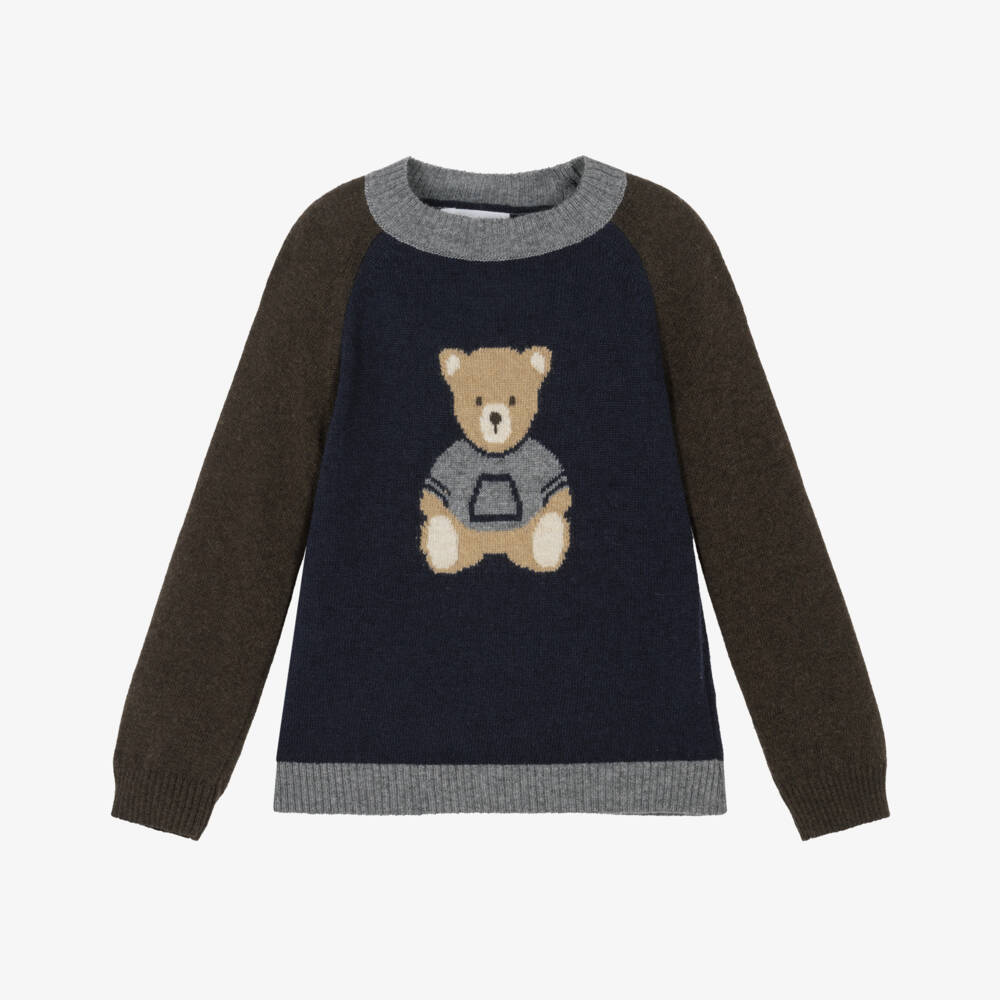 Patachou-Boys Navy Blue Intarsia Teddy Bear Knitted Sweater  | Childrensalon