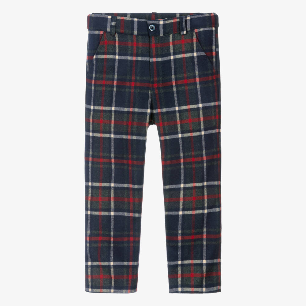 Patachou-Boys Navy Blue & Red Check Trousers | Childrensalon