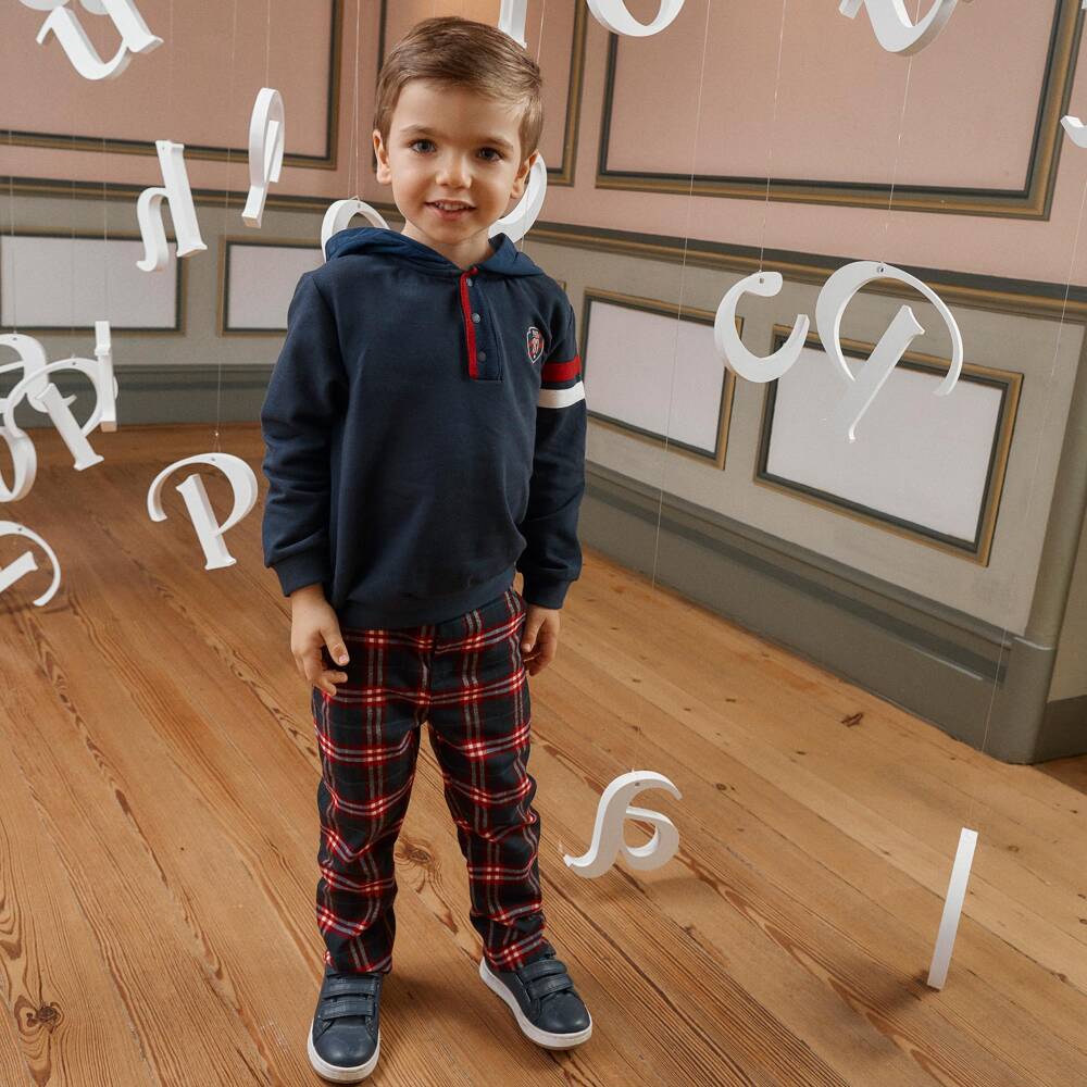 Patachou-Boys Navy Blue & Red Tartan Check Trousers | Childrensalon