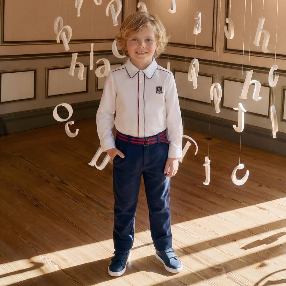 Patachou-Boys Navy Blue Trousers with Striped Belt | Childrensalon