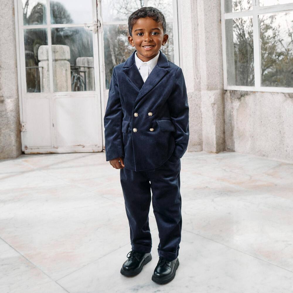 Patachou-Boys Navy Blue Velvet Blazer | Childrensalon