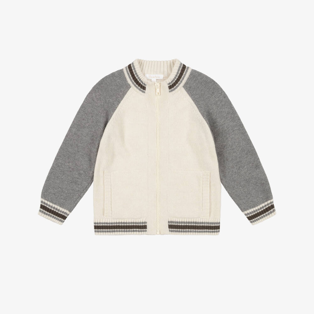 Patachou-Boys Pale Beige & Grey Knitted Zip-Up Top | Childrensalon