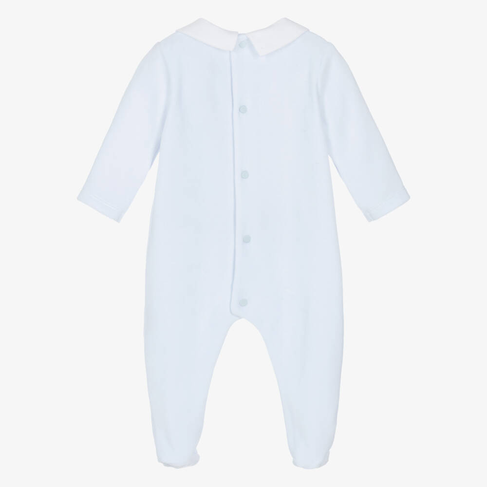 Patachou-Boys Pale Blue Velour Babygrow with Pintuck Panel | Childrensalon