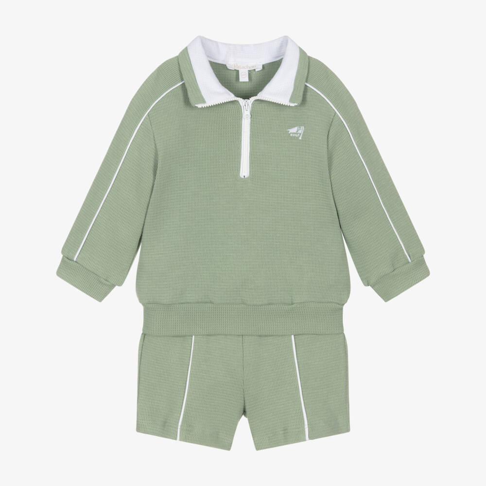 Patachou-Boys Sage Green Cotton Piqué Shorts Set | Childrensalon