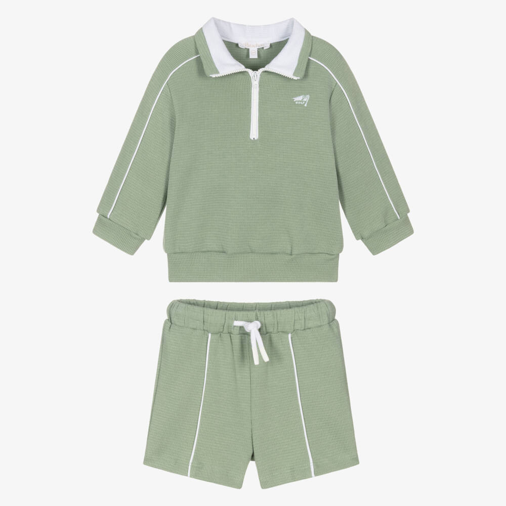 Patachou-Boys Sage Green Cotton Piqué Shorts Set | Childrensalon