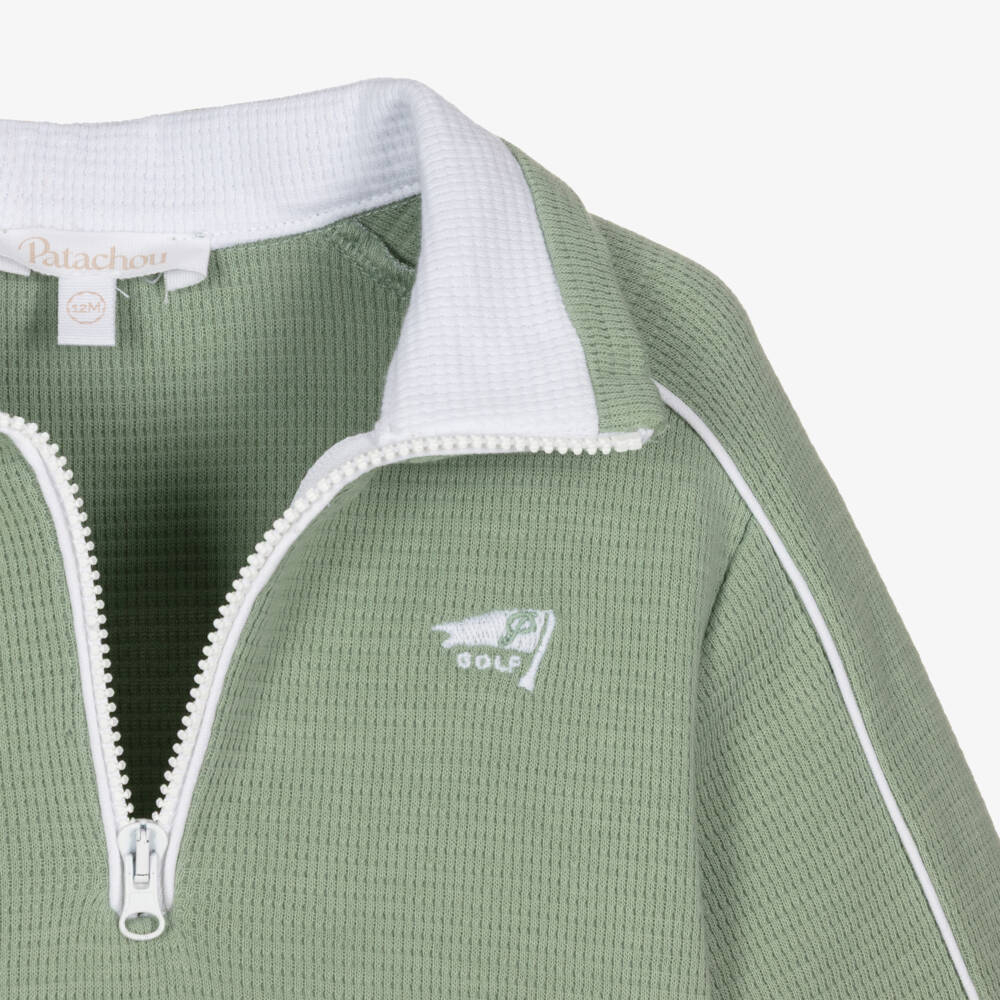 Patachou-Boys Sage Green Piqué Quarter-Zip Top & Shorts Set | Childrensalon