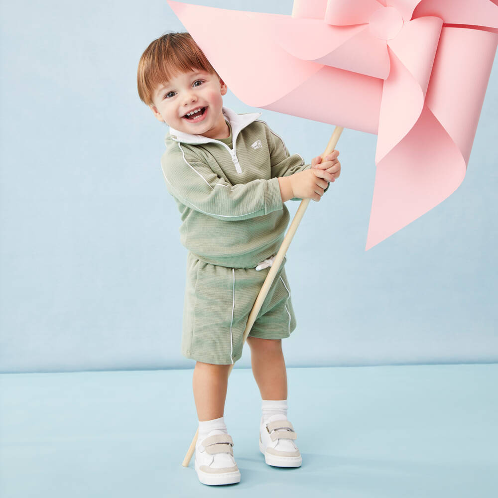 Patachou-Boys Sage Green Piqué Quarter-Zip Top & Shorts Set | Childrensalon