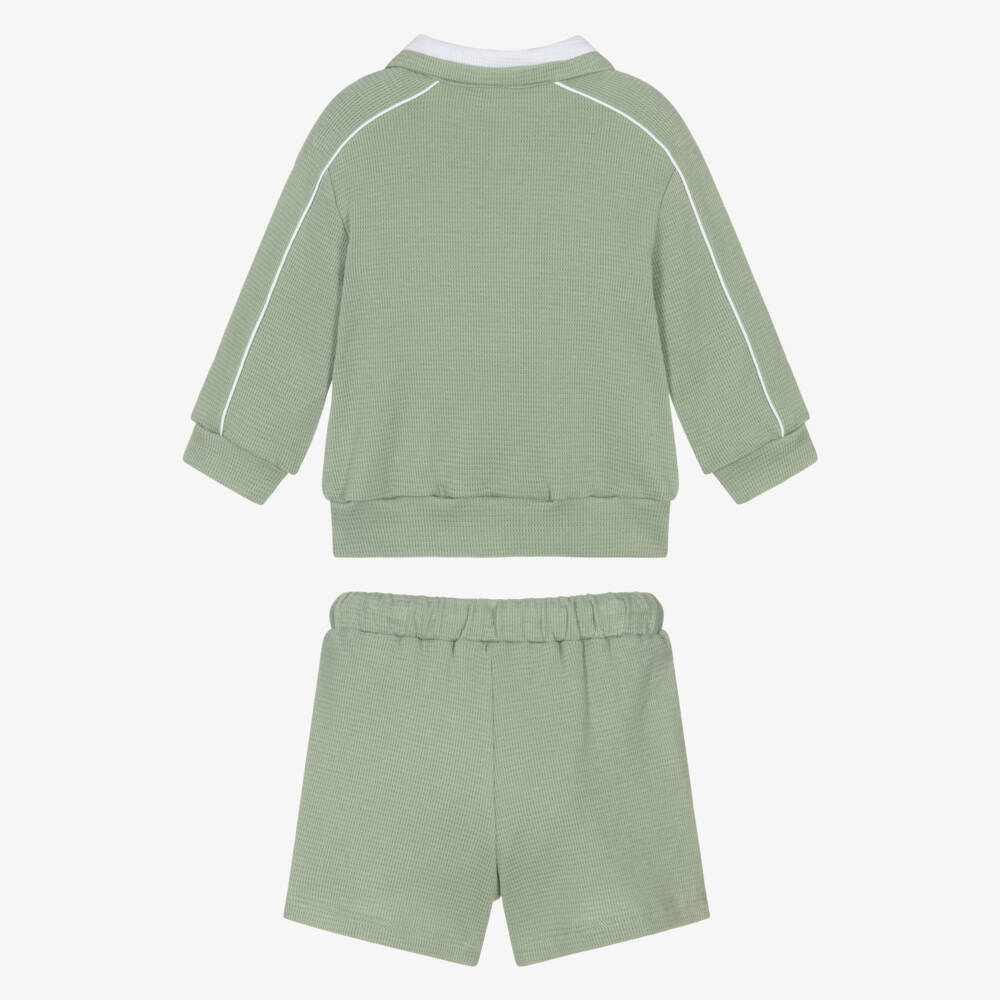 Patachou-Boys Sage Green Piqué Quarter-Zip Top & Shorts Set | Childrensalon