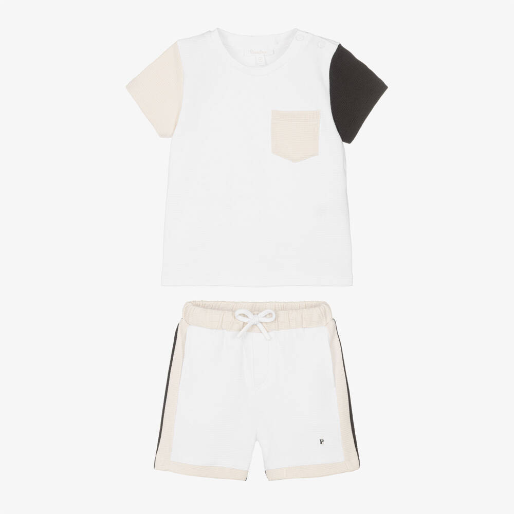 Patachou-Boys White & Beige Colour Block Cotton Shorts Set | Childrensalon