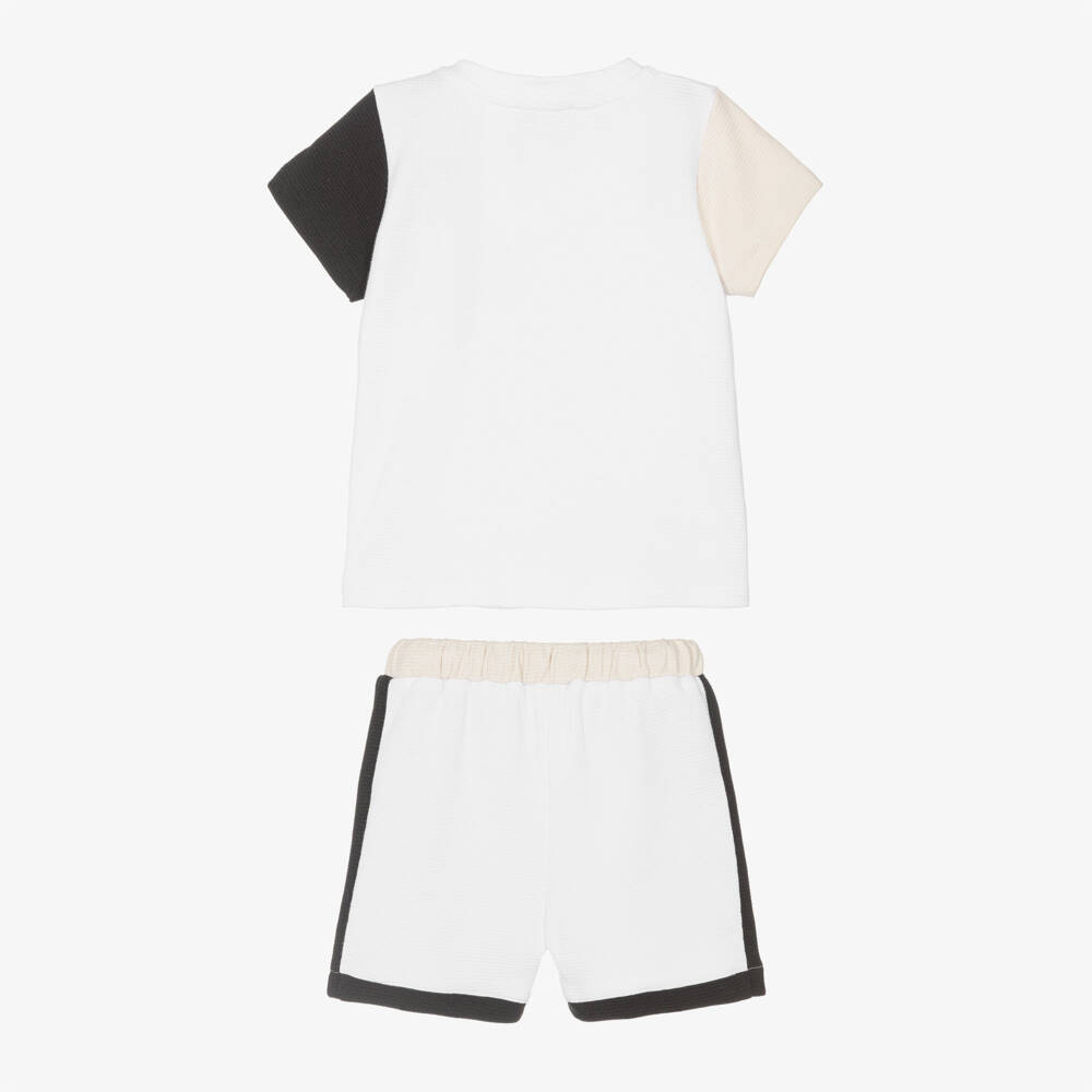 Patachou-Boys White & Beige Colour Block Cotton Shorts Set | Childrensalon
