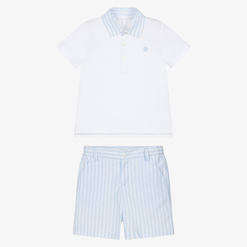 Patachou-Boys White & Blue Cotton Polo Shirt & Shorts Set | Childrensalon