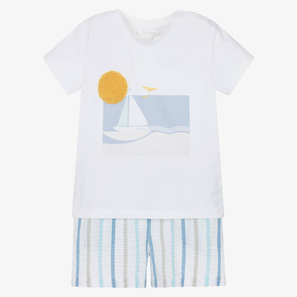 Patachou-Boys White & Blue Stripe Cotton Seersucker Shorts Set | Childrensalon