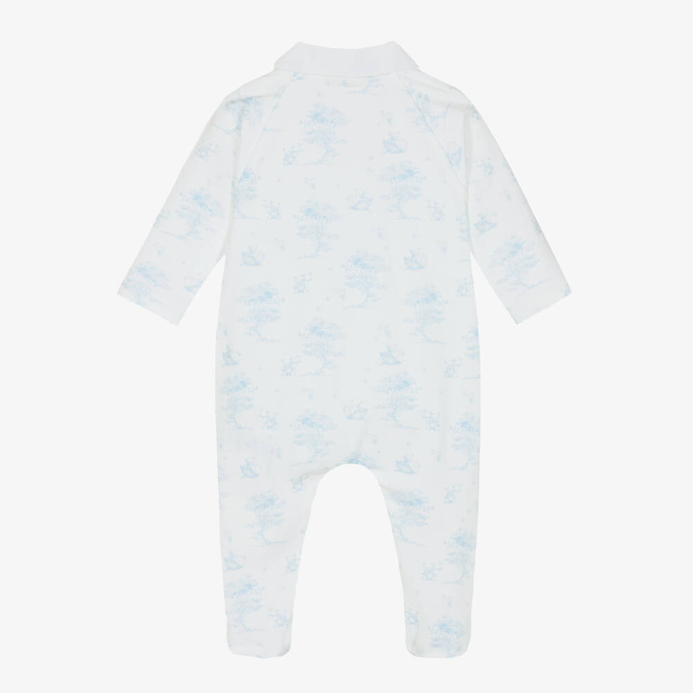 Patachou-Boys White & Blue Toile De Jouy Cotton Babygrow | Childrensalon