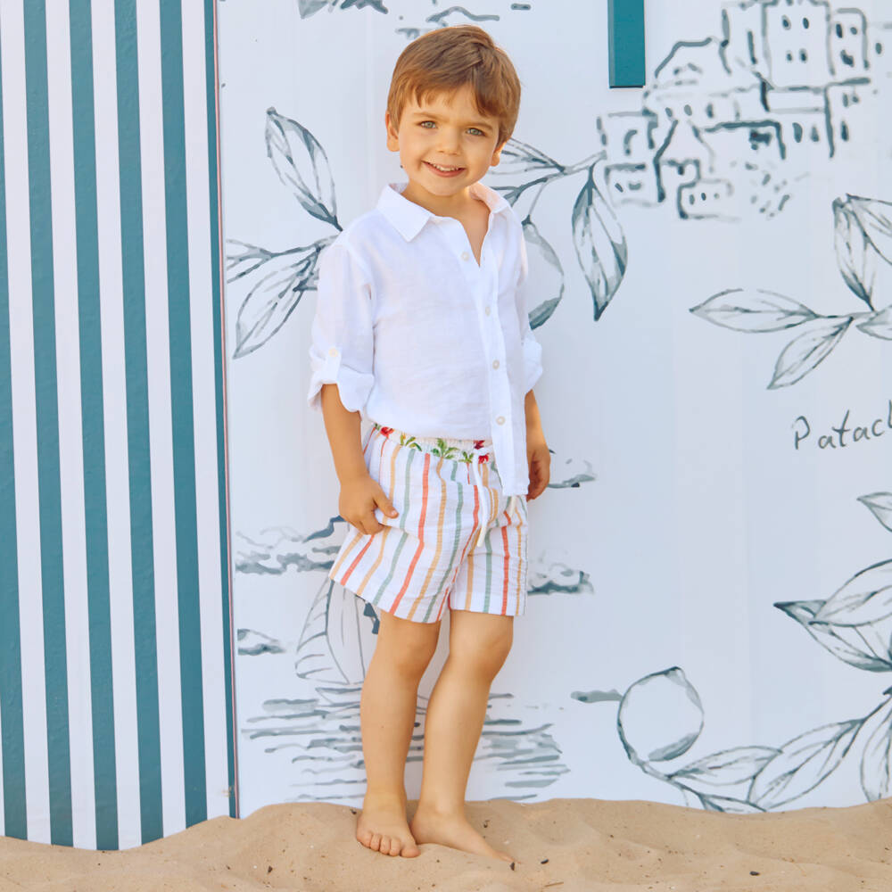 Patachou-Boys White Collarless Textured Cotton Shirt | Childrensalon