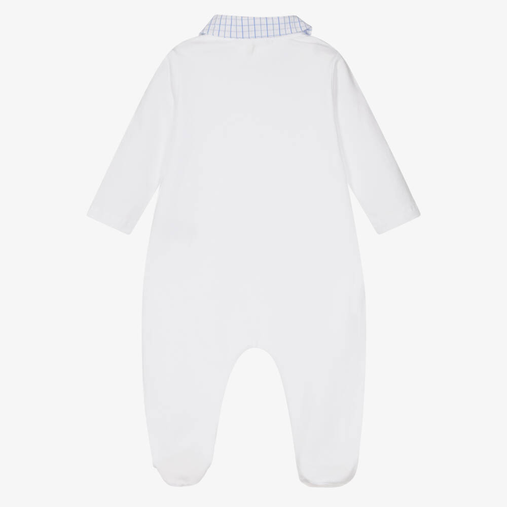 Patachou-Boys White Cotton Babygrow with Blue Check Trim | Childrensalon