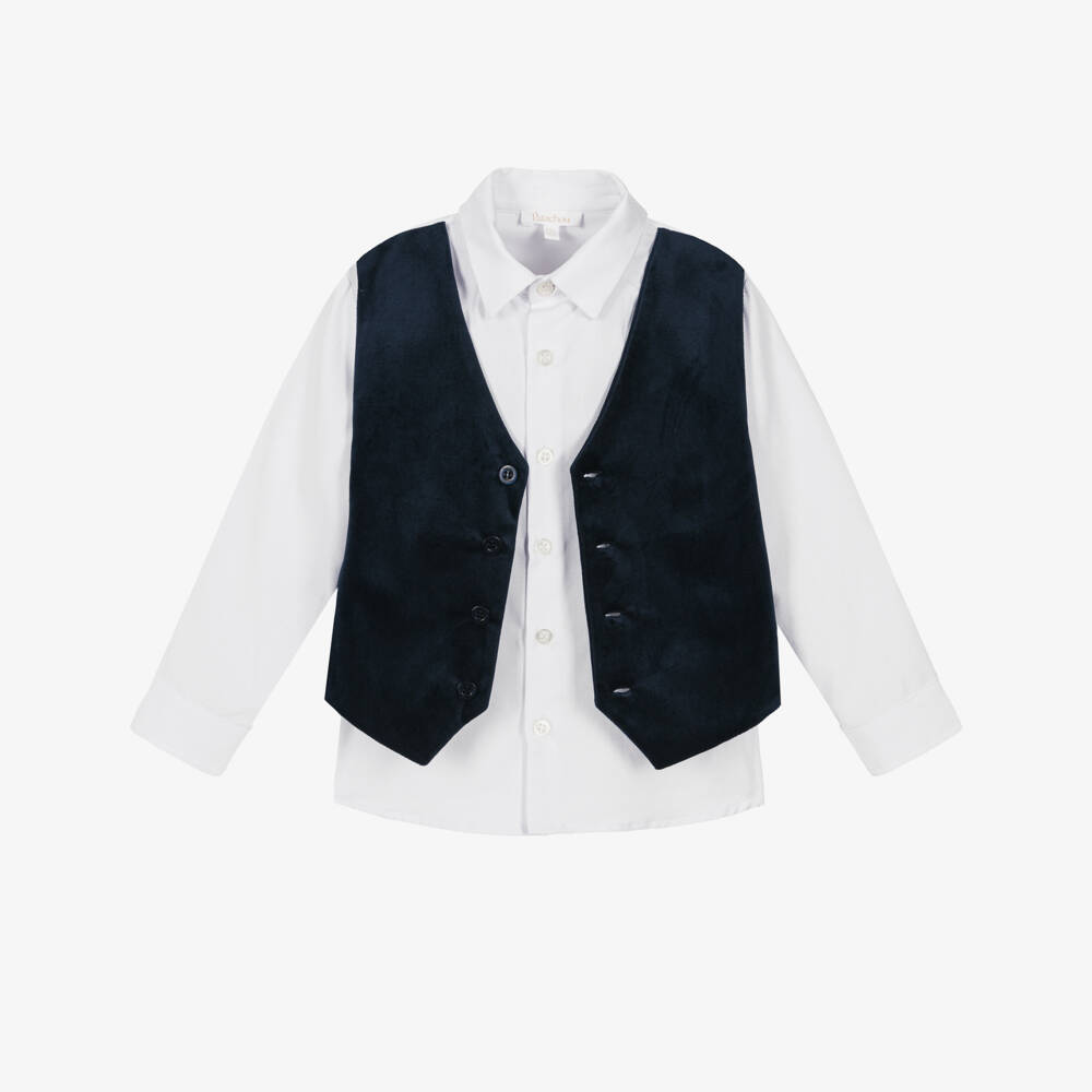 Patachou-Boys White Cotton & Navy Blue Velvet Waistcoat Shirt | Childrensalon