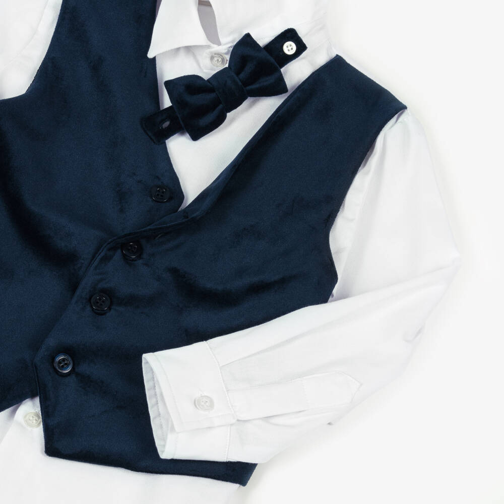 Patachou-Boys White Cotton & Navy Blue Velvet Waistcoat Shirt | Childrensalon
