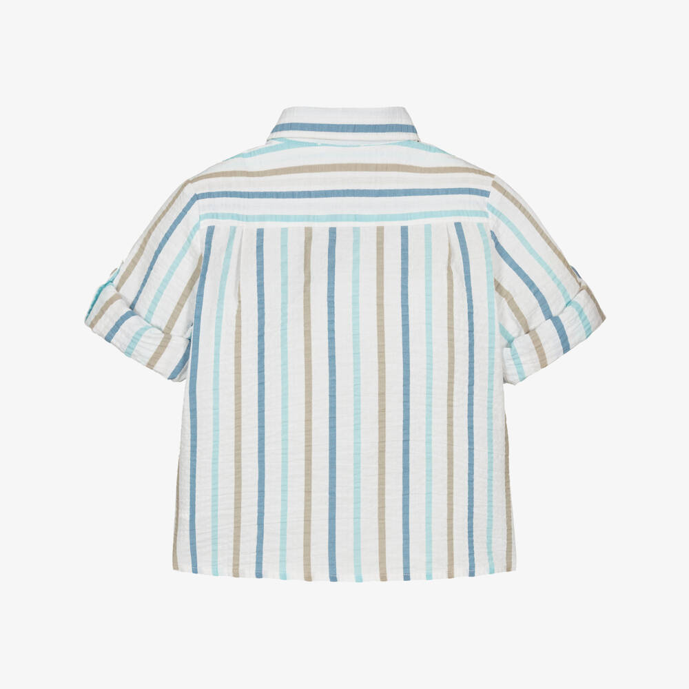 Patachou-Boys White Cotton Seersucker Shirt with Beige & Blue Stripes | Childrensalon