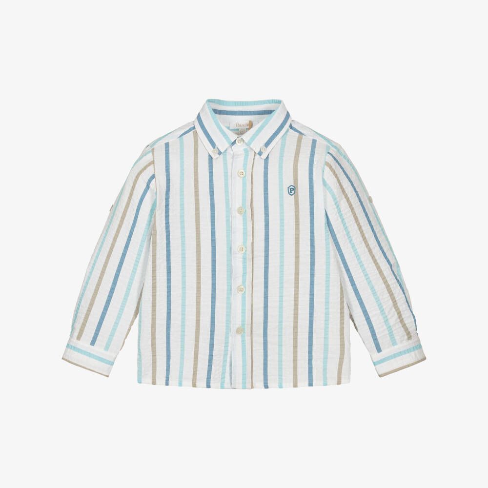 Patachou-Boys White Cotton Seersucker Shirt with Beige & Blue Stripes | Childrensalon