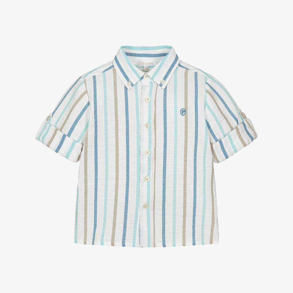 Patachou-Boys White Cotton Seersucker Shirt with Beige & Blue Stripes | Childrensalon