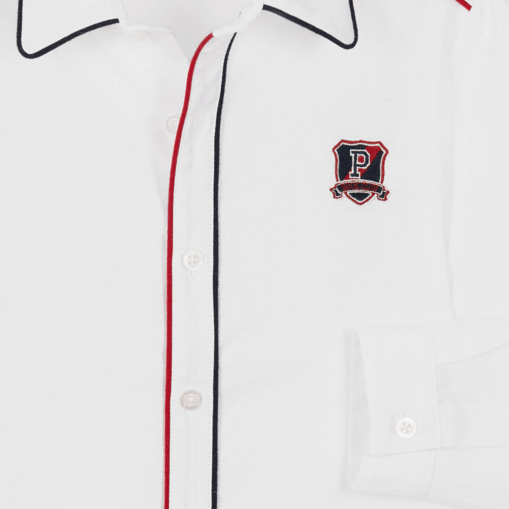 Patachou-Boys White Cotton Shirt with Red & Navy Blue Trim | Childrensalon
