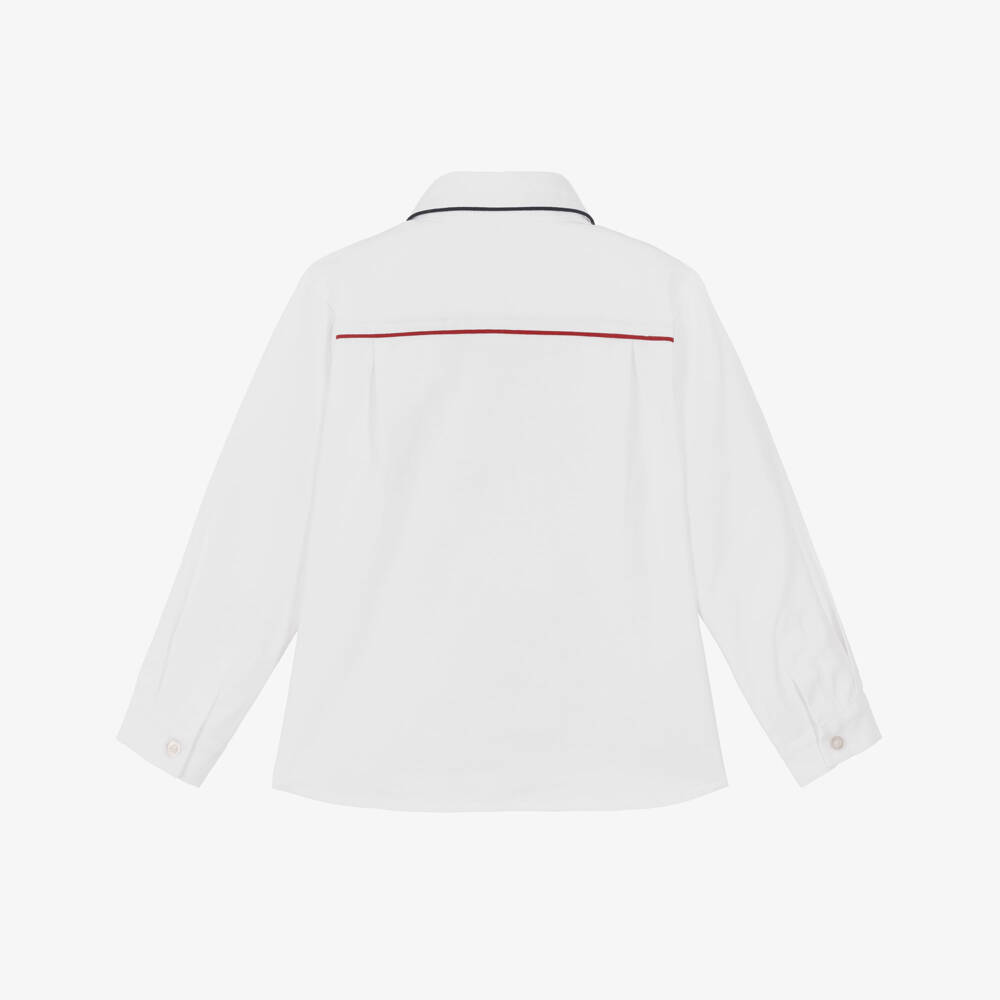 Patachou-Boys White Cotton Shirt with Red & Navy Blue Trim | Childrensalon
