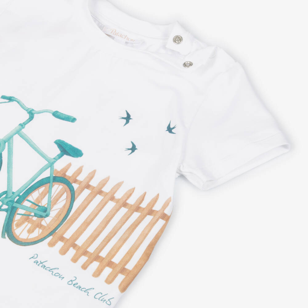 Patachou-Boys White Cotton T-Shirt with Bicycle Beach Club Print  | Childrensalon