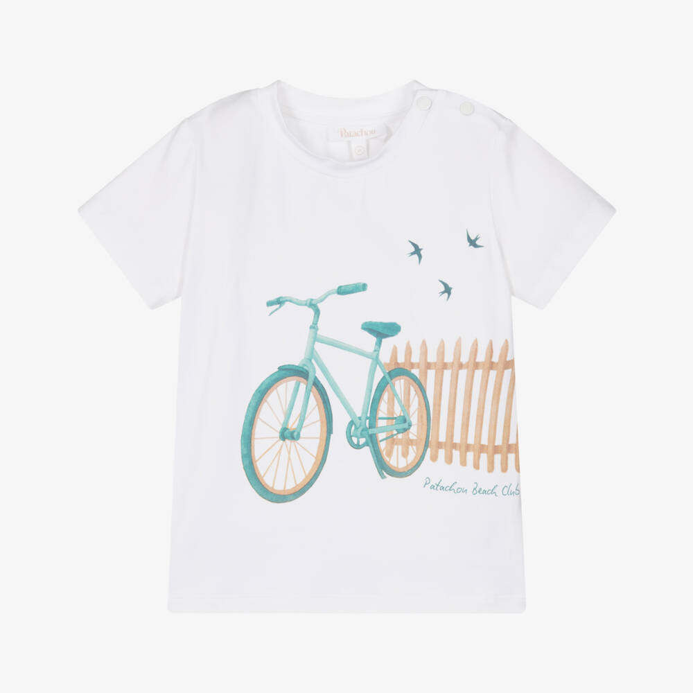 Patachou-Boys White Cotton T-Shirt with Bicycle Beach Club Print  | Childrensalon