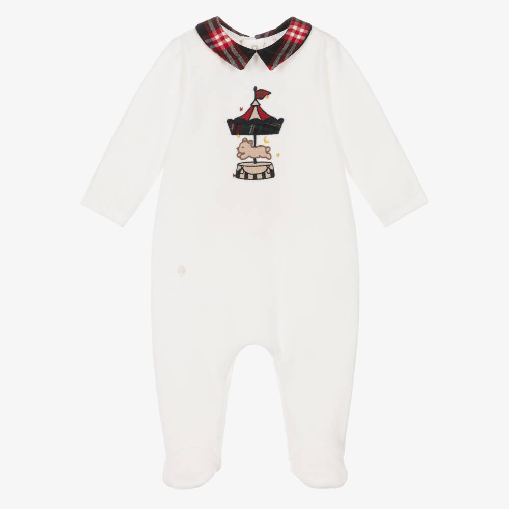 Patachou-Boys White Velour Babygrow with Carousel Embroidery | Childrensalon