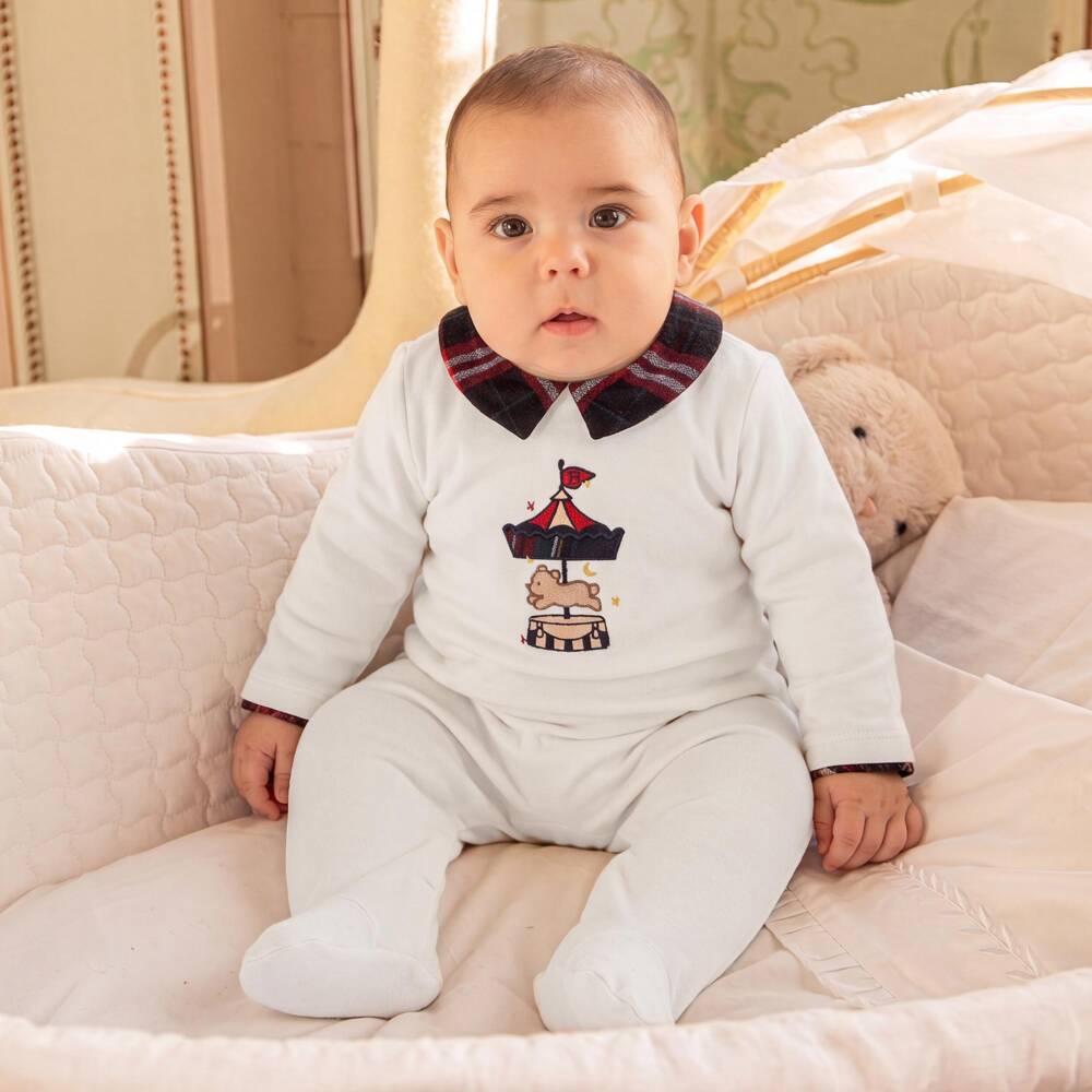Patachou-Boys White Velour Babygrow with Carousel Embroidery | Childrensalon