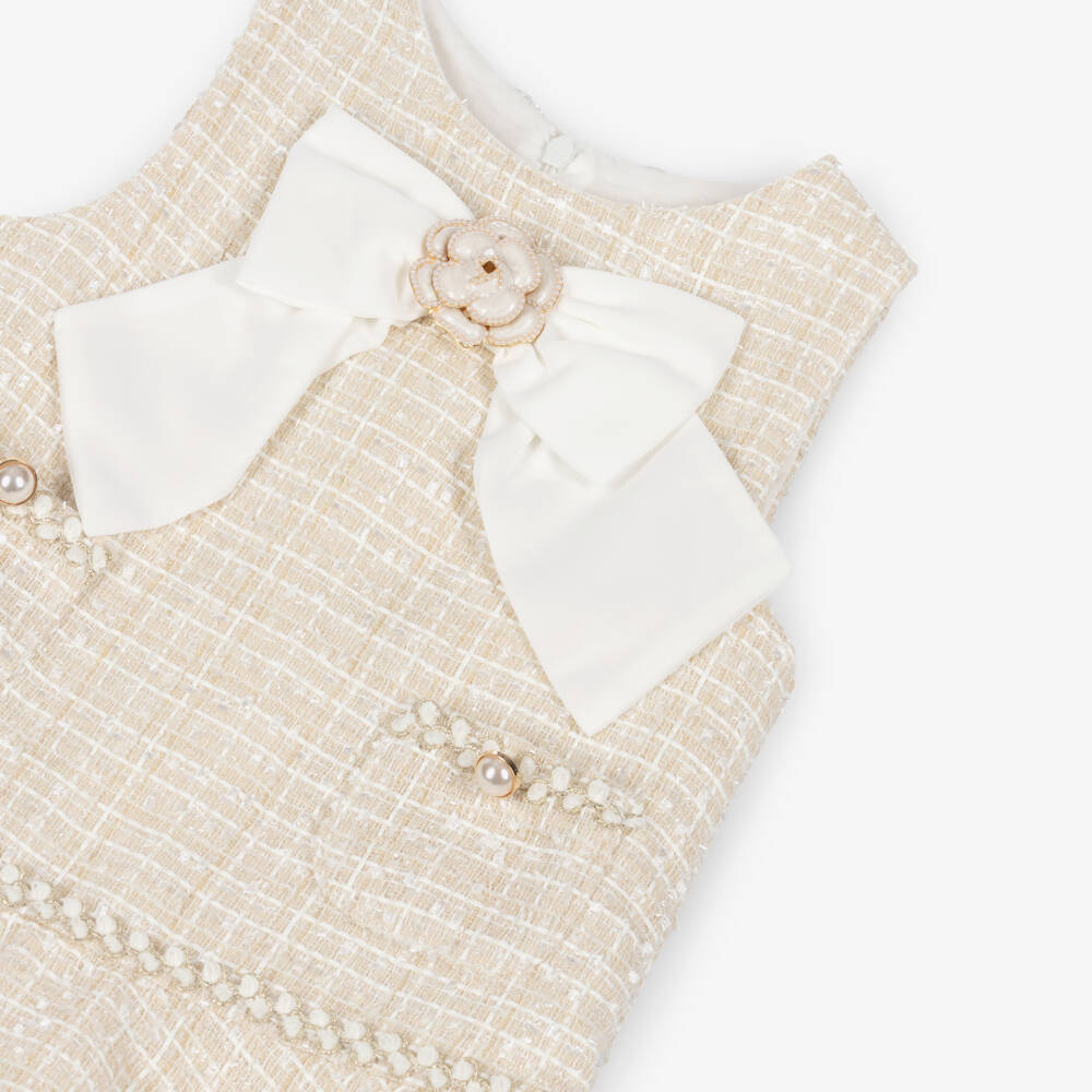Patachou-Gils Champagne Beige Tweed Bow Dress | Childrensalon