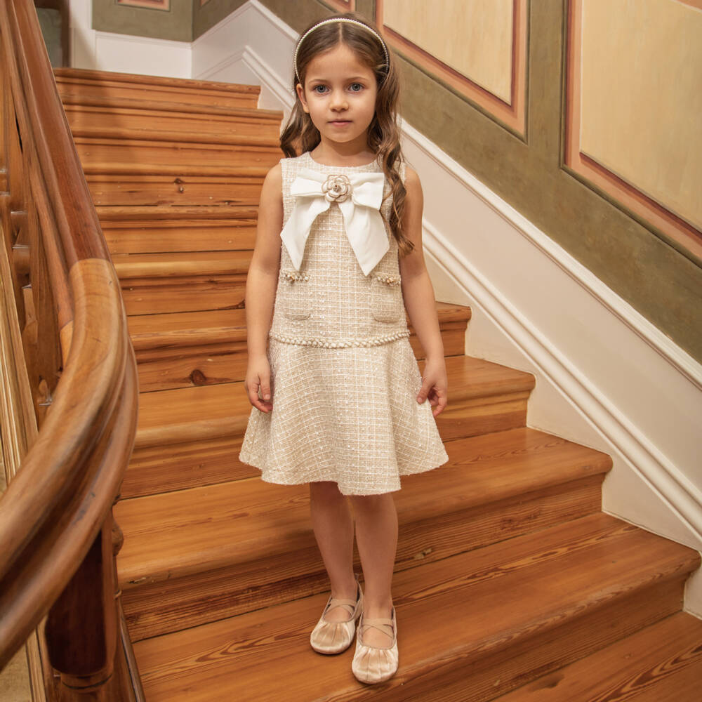 Patachou-Gils Champagne Beige Tweed Bow Dress | Childrensalon