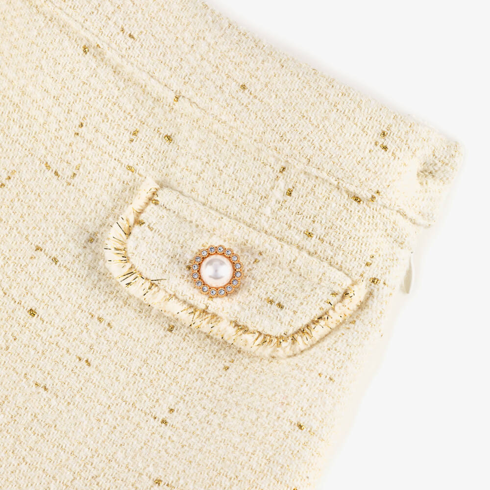 Patachou-Комплект с юбкой кремово-золотой из твида для девочек | Childrensalon