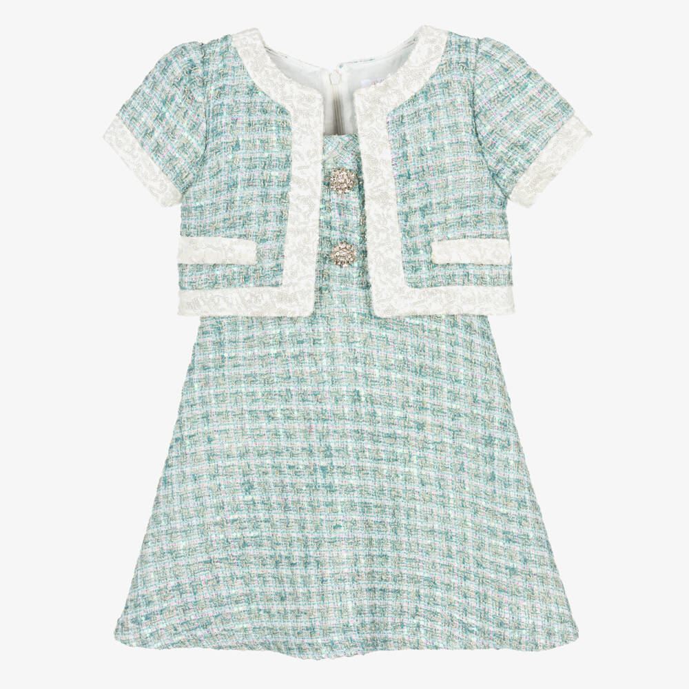Patachou-Girls Aqua Green Sequinned Tweed Jacket Dress | Childrensalon