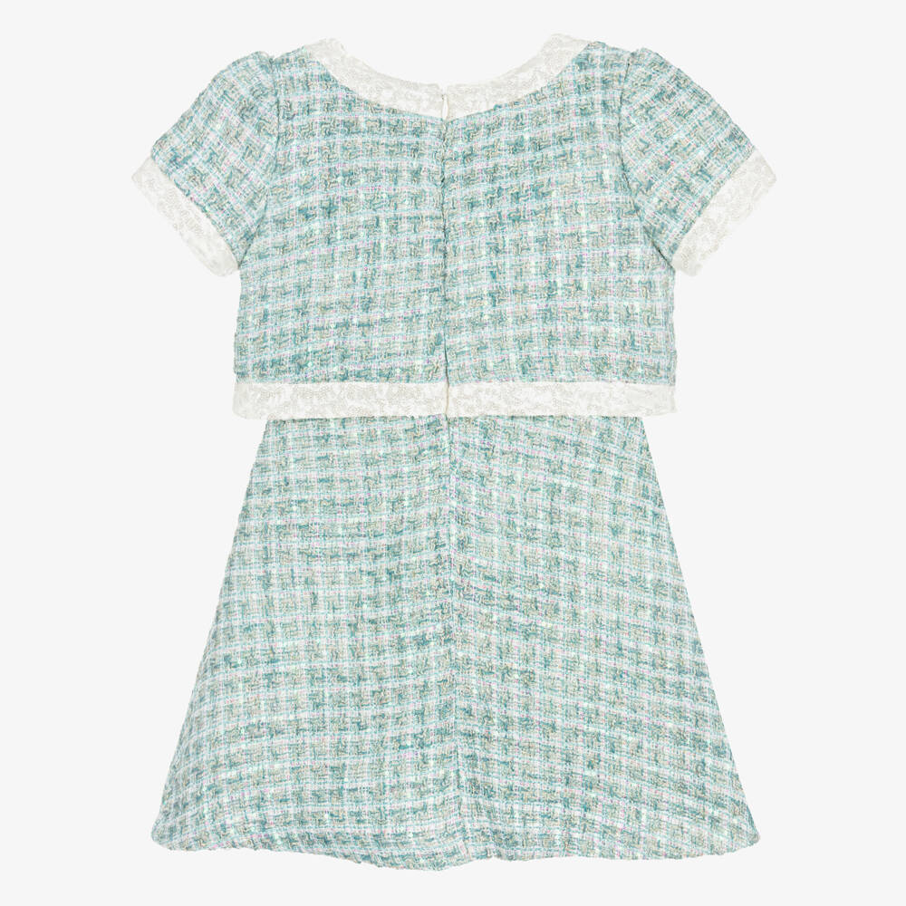 Patachou-Girls Aqua Green Sequinned Tweed Jacket Dress | Childrensalon