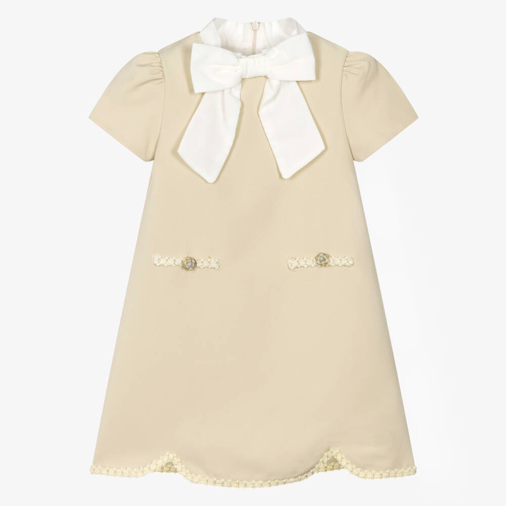 Patachou-Girls Beige A-Line Dress with Bow & Tweed Trim | Childrensalon