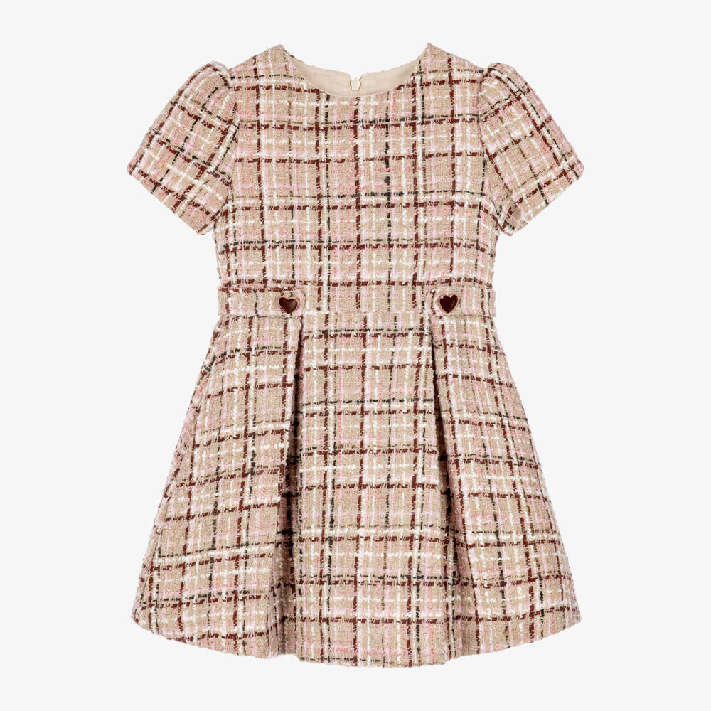 Patachou-Girls Beige & Burgundy Check Tweed Dress | Childrensalon