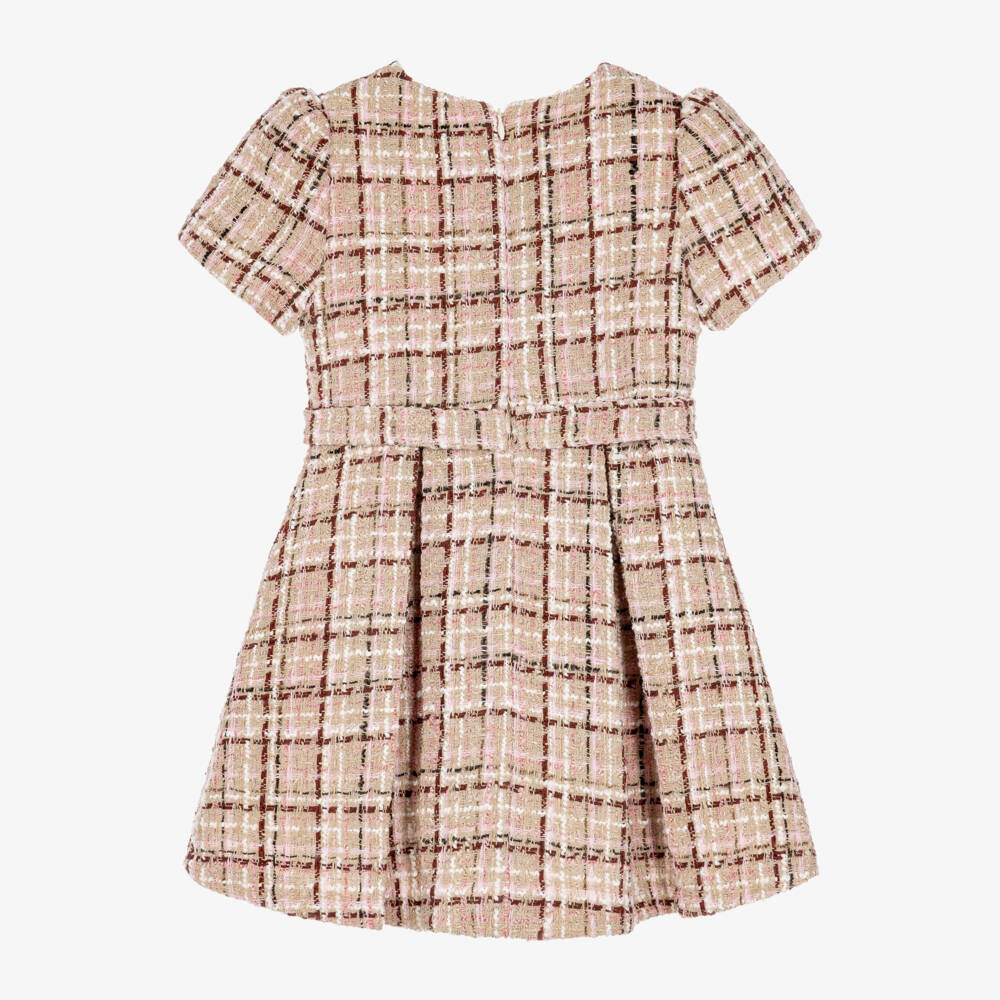 Patachou-Girls Beige & Burgundy Check Tweed Dress | Childrensalon