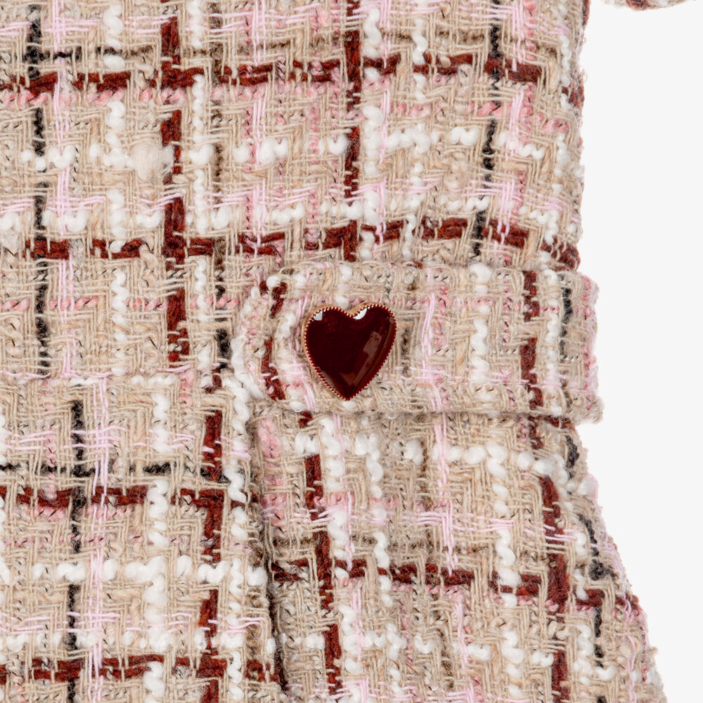 Patachou-Girls Beige & Burgundy Check Tweed Dress | Childrensalon
