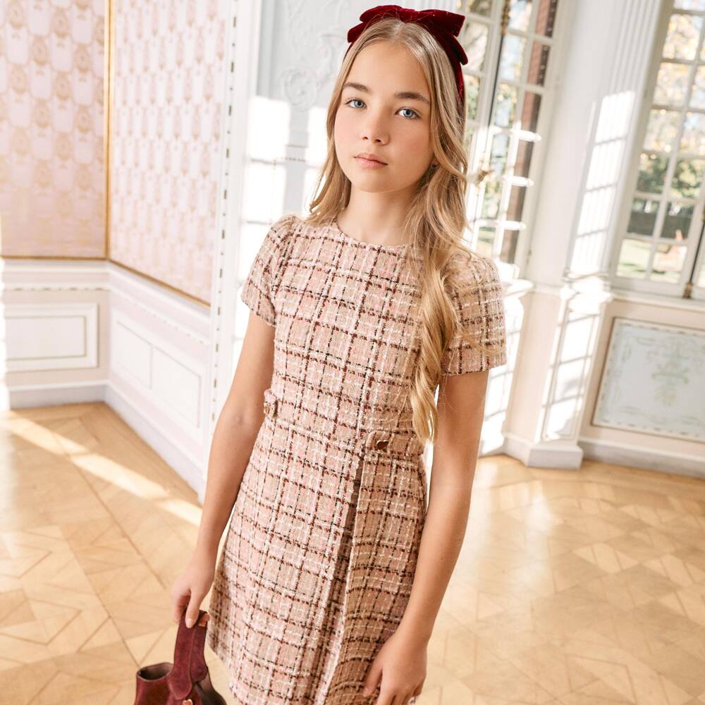 Patachou-Girls Beige & Burgundy Check Tweed Dress | Childrensalon