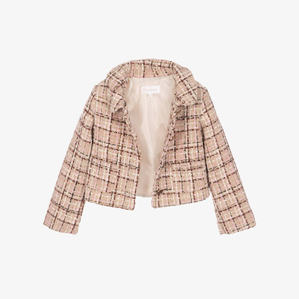Patachou-Girls Beige & Burgundy Check Tweed Jacket | Childrensalon