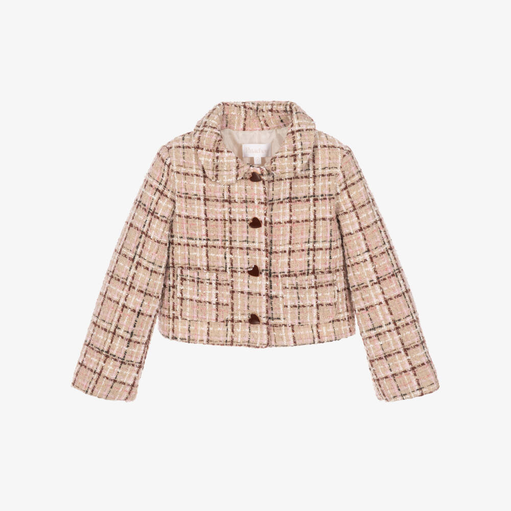 Patachou-Girls Beige & Burgundy Check Tweed Jacket | Childrensalon